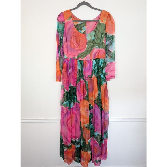 Kiki Hart Dress Vintage 60s 70s Floral Designer Maxi Boho Pink Green Size 6 - Picture 1 of 11